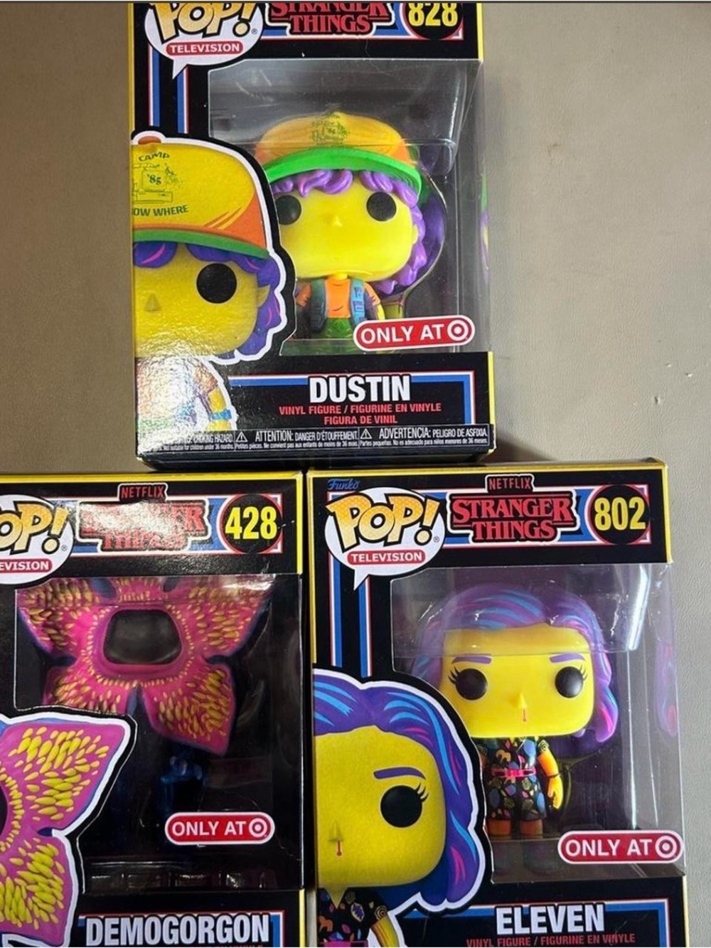 Funko Pop! Stranger Things Neon Yellow & Purple Dustin, Eleven & Demogorgon Set